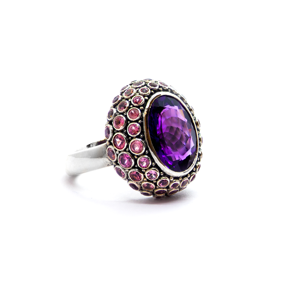 Amethyst Princess Ring with Pink Tourmaline Set in Sterling Silver – KM87