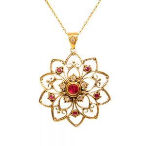 Intricate Gold Mandala Pendant with Rubies and Diamonds Set in 22ct Gold  -P46