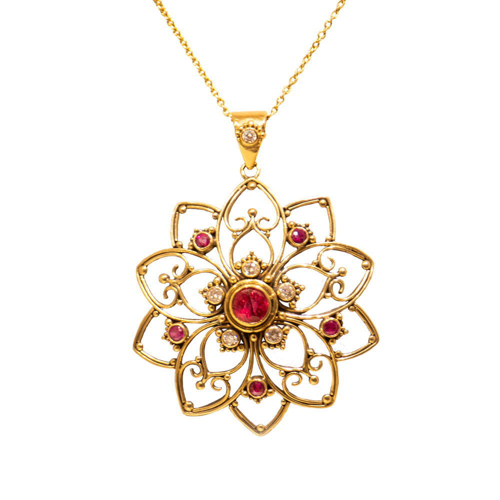 Intricate Gold Mandala Pendant with Rubies and Diamonds Set in 22ct Gold  -P46
