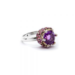 Amethyst Chalice Ring with Pink Tourmalines Set in Sterling Silver- S301