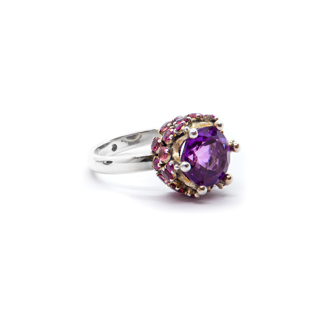 Amethyst Chalice Ring with Pink Tourmalines Set in Sterling Silver- S301