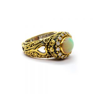 Opal Heart Ring Gold and silver with Diamonds and unique Gold design -S590