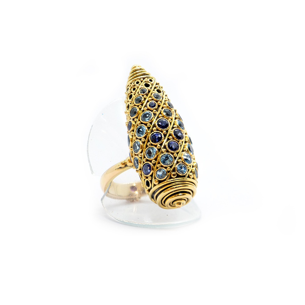 Gold Galactic Ring with Blue Sapphires and Blue Topaz s645