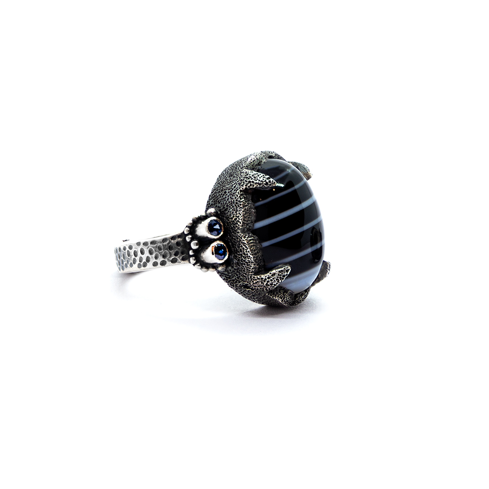 Black Agate Crown Ring with Blue Sapphire and Moonstone Set in Sterling Silver – KM99