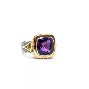 Amethyst Statement Ring Set in Gold with Chunky Hand Hammered Silver Band-S689