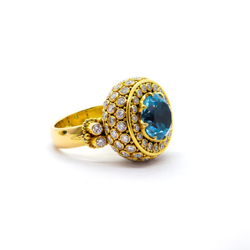 Blue Topaz Chalice Ring with Diamonds and Aquamarine set in Gold – S627