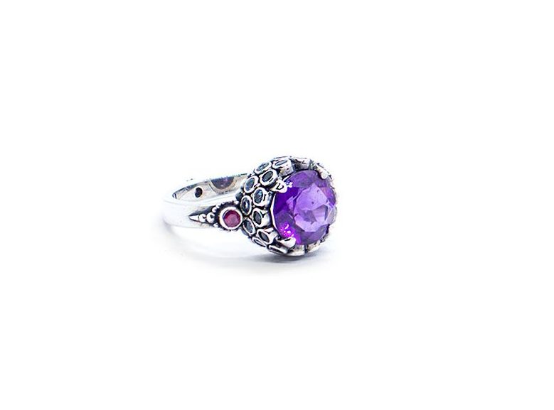 Amethyst chalice ring with aquamarine with rubies set in sterling silver DHB116