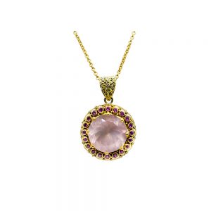Rosequartz pendant with rubies set in 22ct gold DHB169