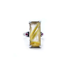 Golden rutile quartz crown ring with rubies and orange sapphire set in sterling silver DHB236