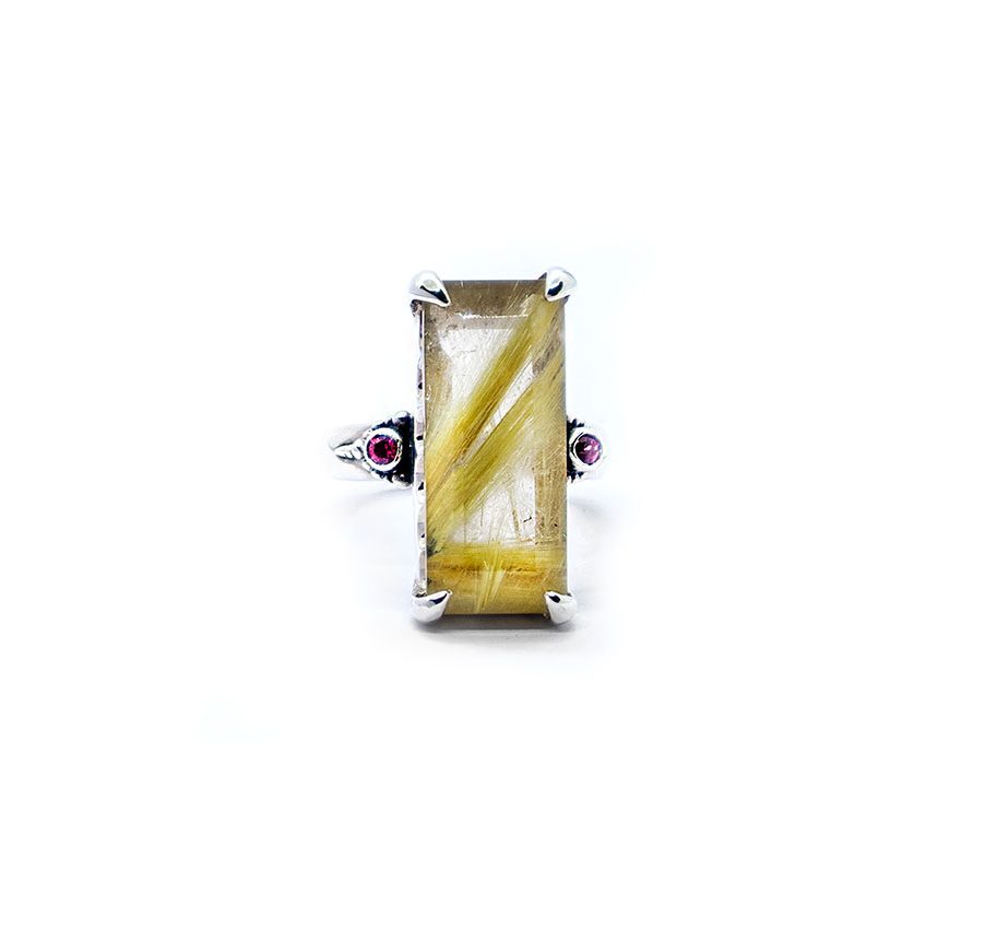 Golden rutile quartz crown ring with rubies and orange sapphire set in sterling silver DHB236