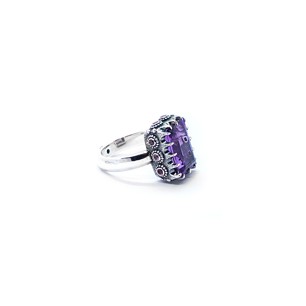 Amethyst crown ring with pink tourmaline and amethyst set in sterling silver DHB257