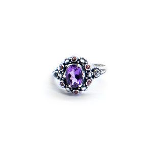 Amethyst seaflower ring with orange sapphire, aquamarine and rodalite garnet set in sterling silver sold DHB299
