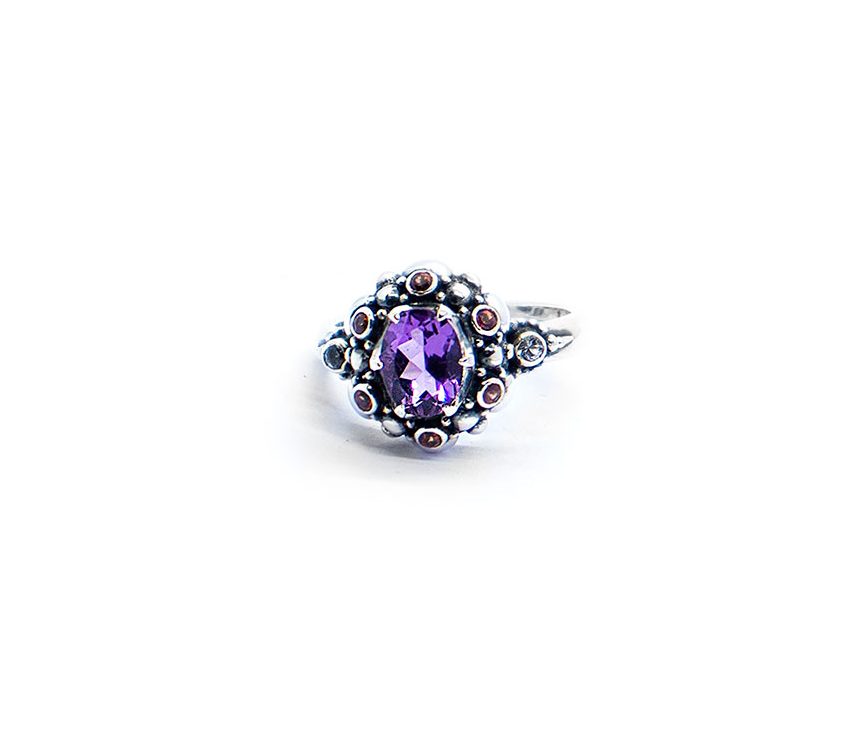 Amethyst seaflower ring with orange sapphire, aquamarine and rodalite garnet set in sterling silver sold DHB299