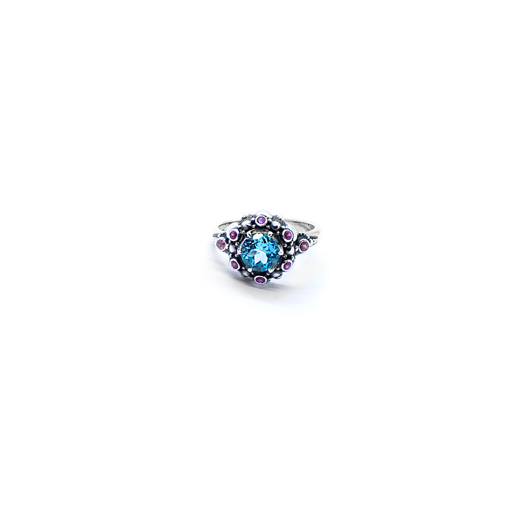 Blue topaz seaflower ring with ruby, pink tourmaline and aquamarine Set in sterling silver DHB300