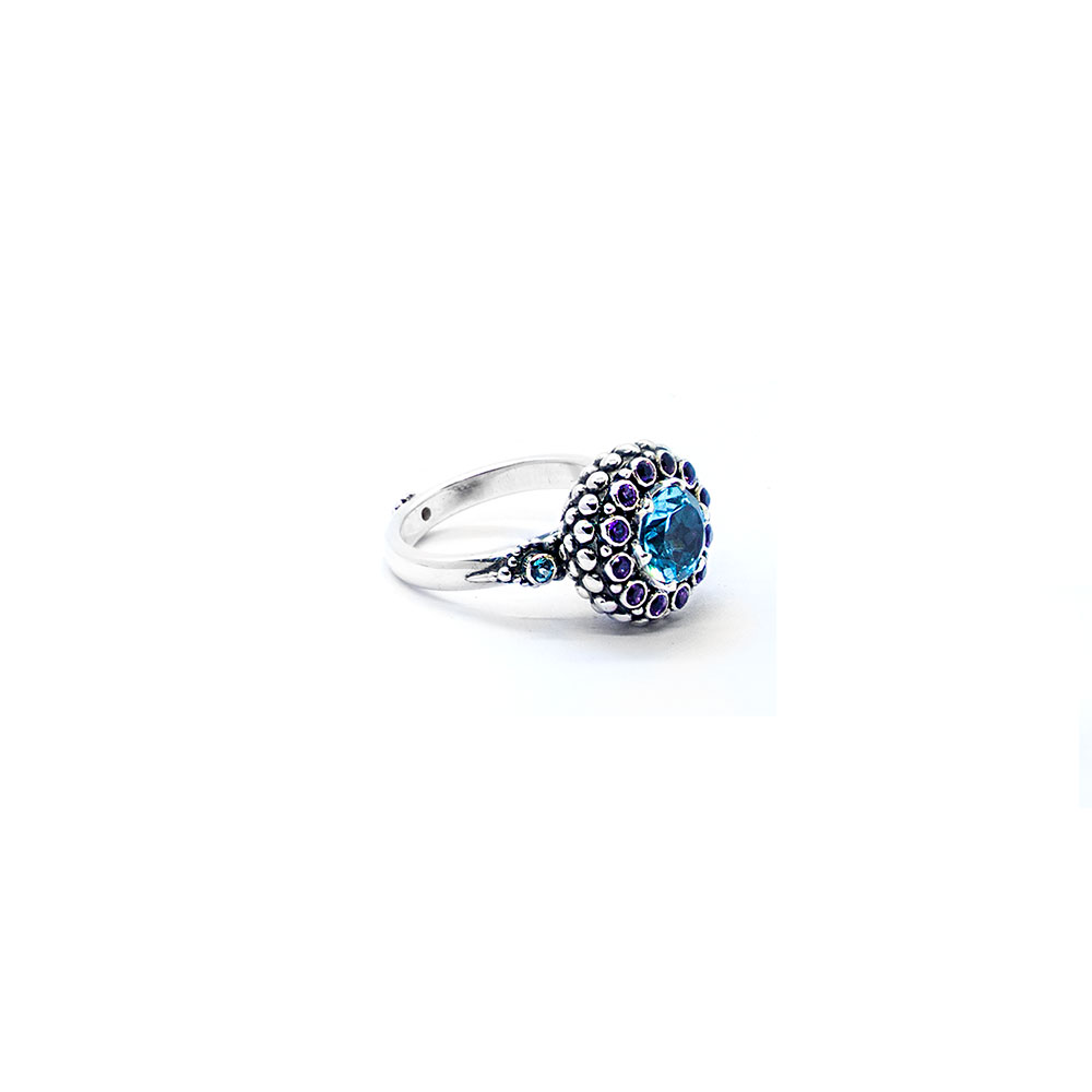 Blue topaz chalice ring with amethyst, blue topaz and pink tourmaline set in sterling silver DHB313