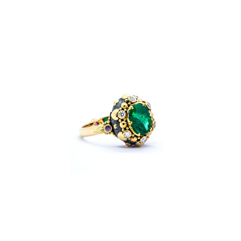 Emerald seaflower ring diamond ,pink tourmaline and ruby set in 22ct gold DHB367