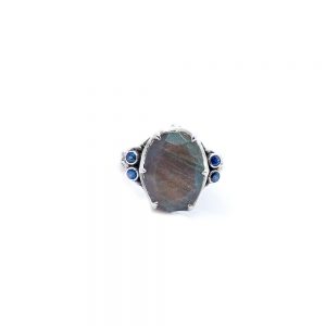 Labradorite crown ring with blue sapphire and pink tourmaline set in sterling silver DP80
