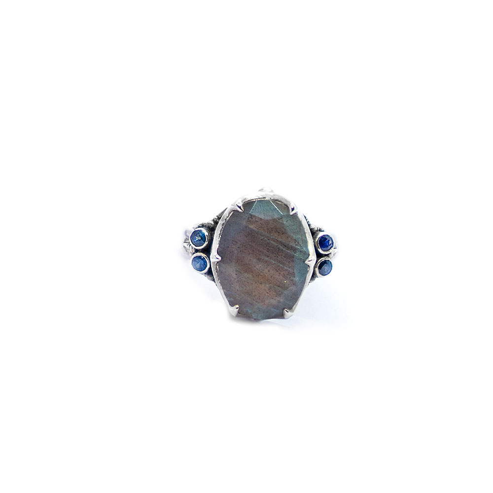 Labradorite crown ring with blue sapphire and pink tourmaline set in sterling silver DP80