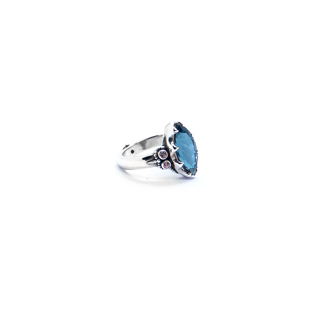 Blue topaz crown ring with pink tourmaline and aquamarine set in sterling silver DP83