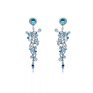 Blue topaz spiral earring with blue sapphire and aquamarine set in sterling silver KM197