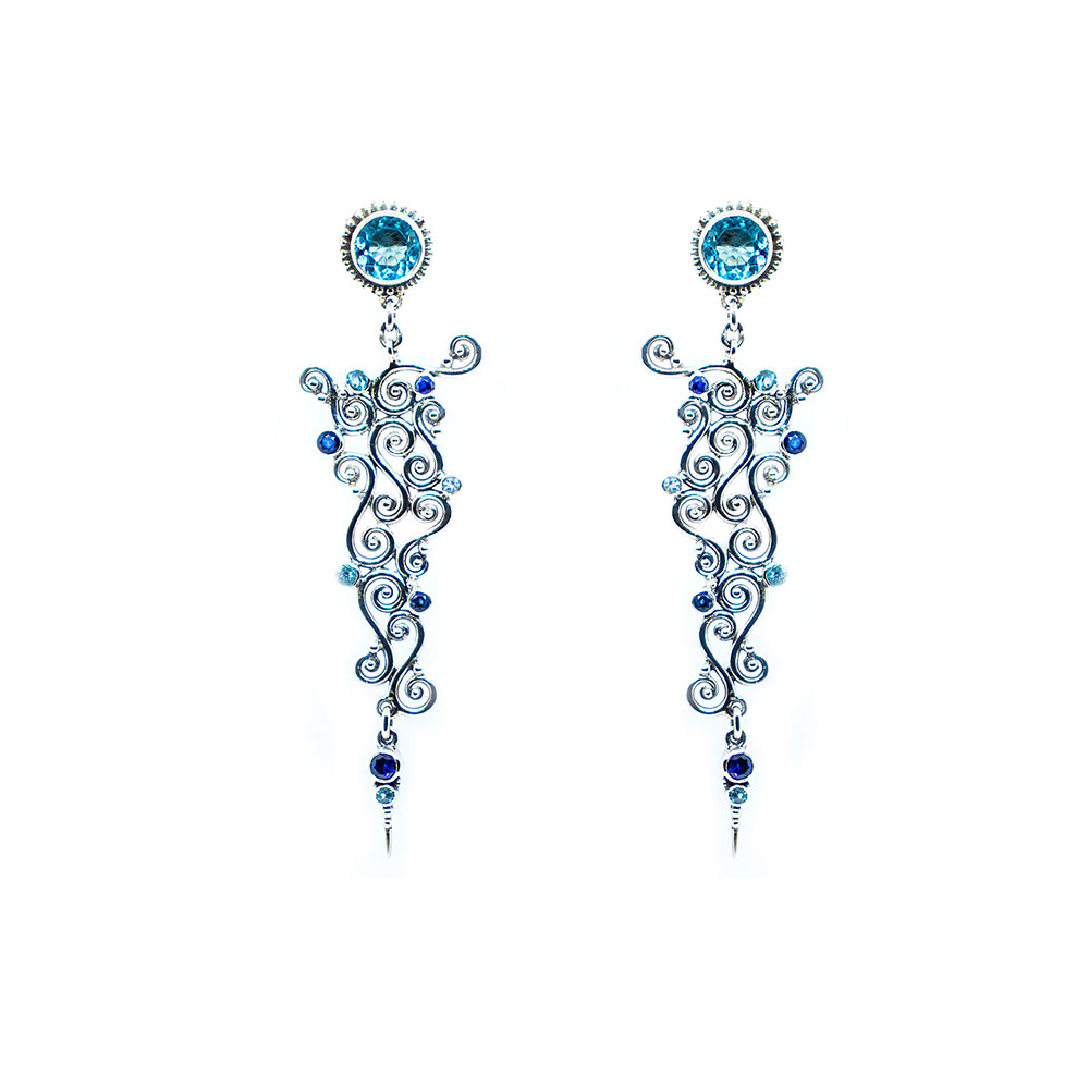 Blue topaz spiral earring with blue sapphire and aquamarine set in sterling silver KM197