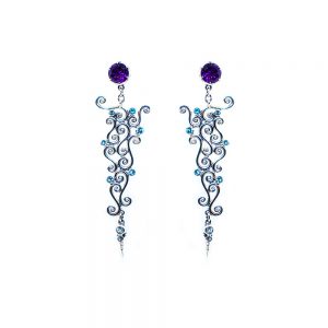 Amethyst spiral earring with blue topaz set in sterling silver KM198