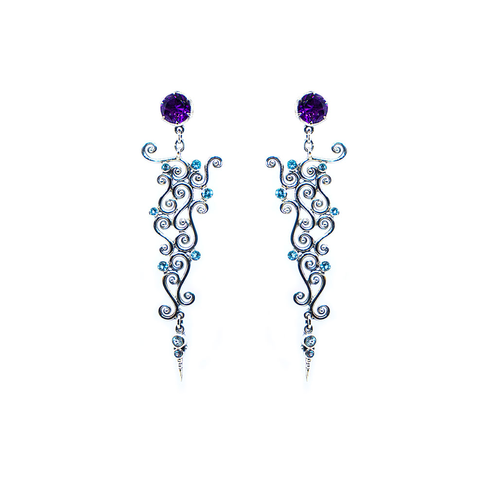 Amethyst spiral earring with blue topaz set in sterling silver KM198