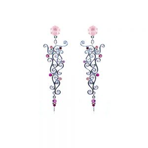 Rosequartz spiral earring with pink sapphire,pink tourmaline and rubies set in sterling silver KM199