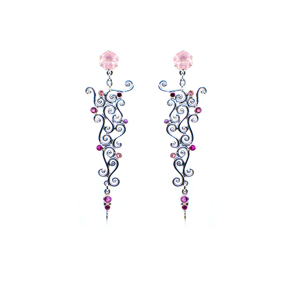 Rosequartz spiral earring with pink sapphire,pink tourmaline and rubies set in sterling silver KM199