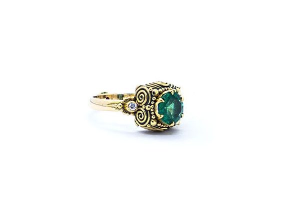 Emerald dawn ring with diamond and ruby set in 22ct gold KM202