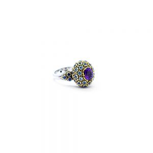 Amethyst princess ring with aquamarine, blue sapphire and diamond set in 22ct gold K307