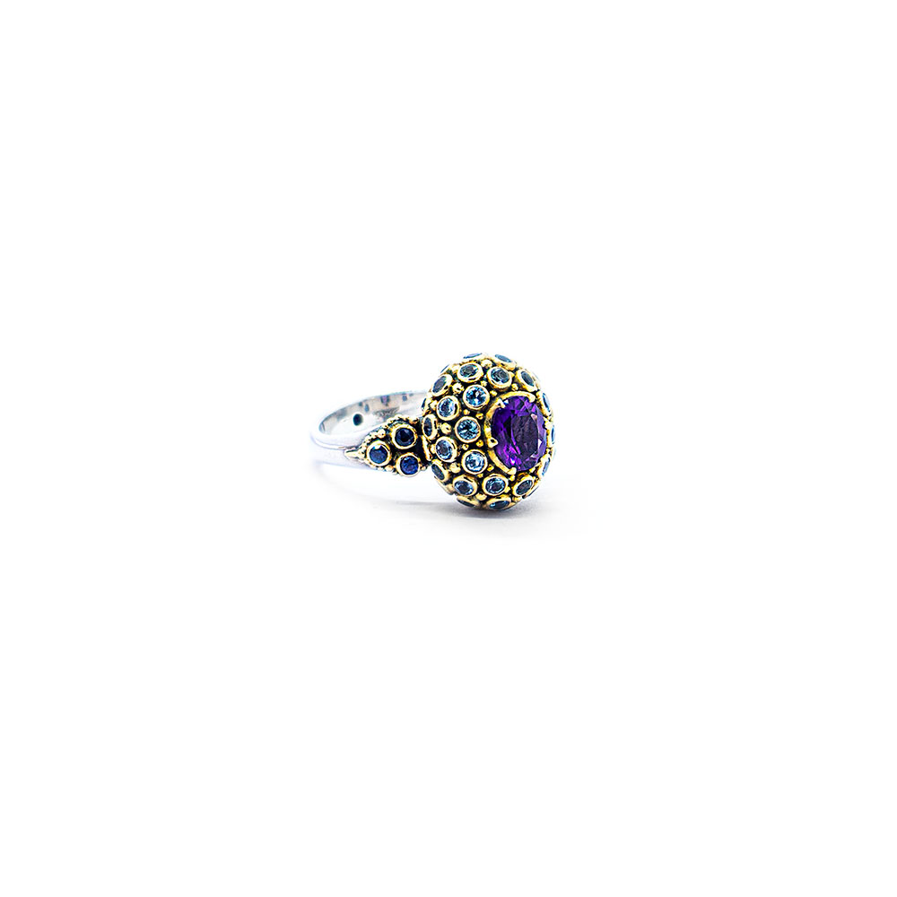 Amethyst princess ring with aquamarine, blue sapphire and diamond set in 22ct gold K307