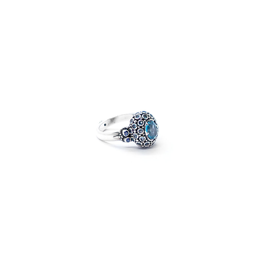 Blue topaz princess ring with aquamarine, blue sapphire and ruby set in sterling silver KM53