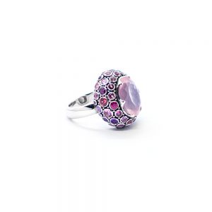 Rosequartz princess ring with pink tourmaline, amethyst, ruby and pink sapphire set in sterling silver KM85