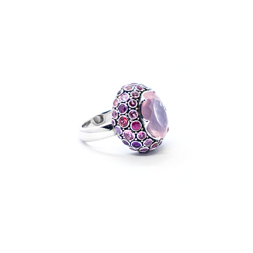 Rosequartz princess ring with pink tourmaline, amethyst, ruby and pink sapphire set in sterling silver KM85