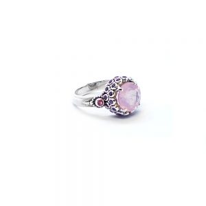 Rosequartz chalice ring with rodalite garnet and pink tourmaline set in sterling silver R12