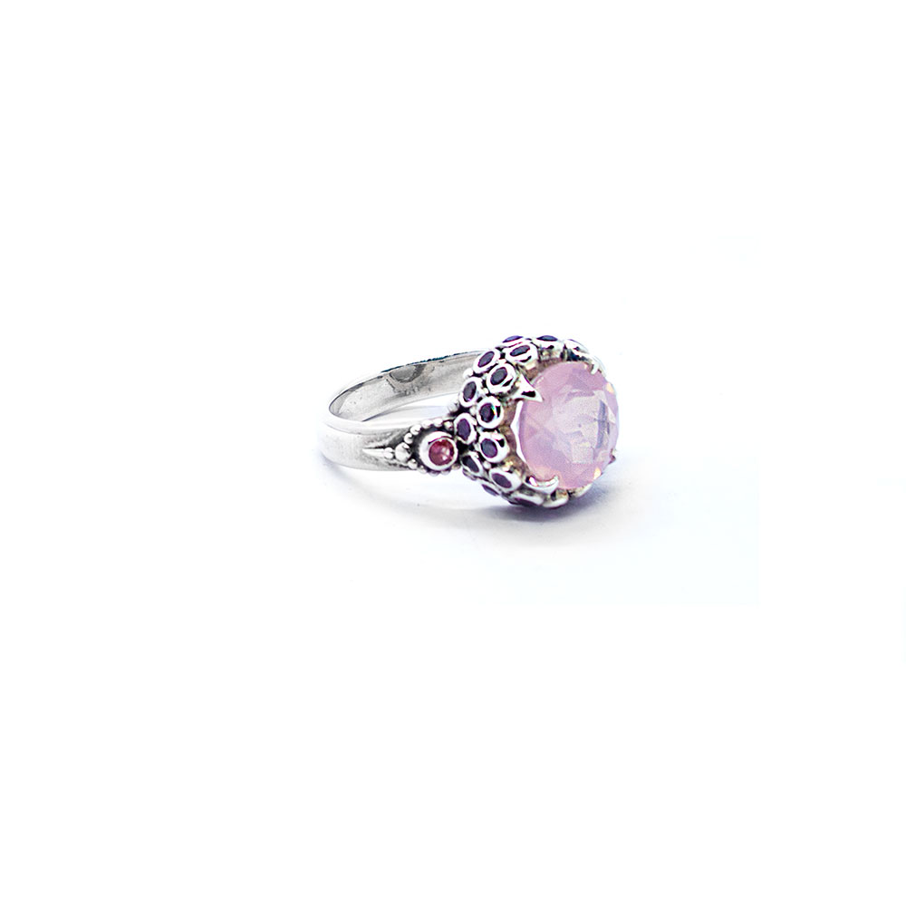 Rosequartz chalice ring with rodalite garnet and pink tourmaline set in sterling silver R12