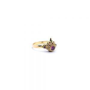 Pink tourmaline bird ring with orange sapphire and amethyst set in 22ct gold S502