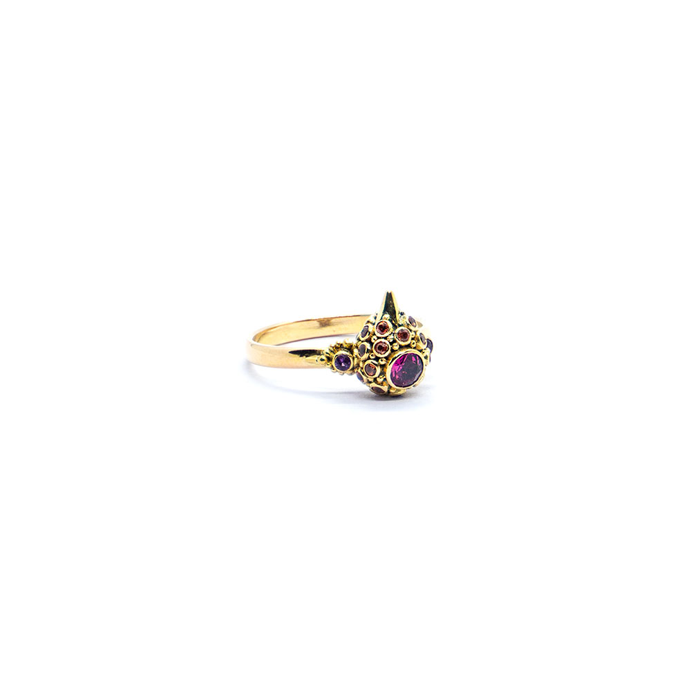 Pink tourmaline bird ring with orange sapphire and amethyst set in 22ct gold S502