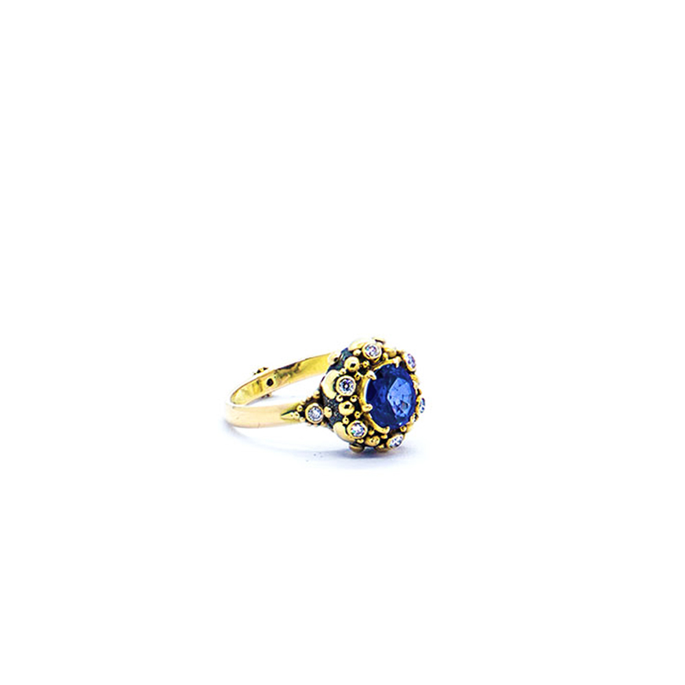 Blue sapphire seaflower ring with diamond and aquamarine set in 22ct gold S516