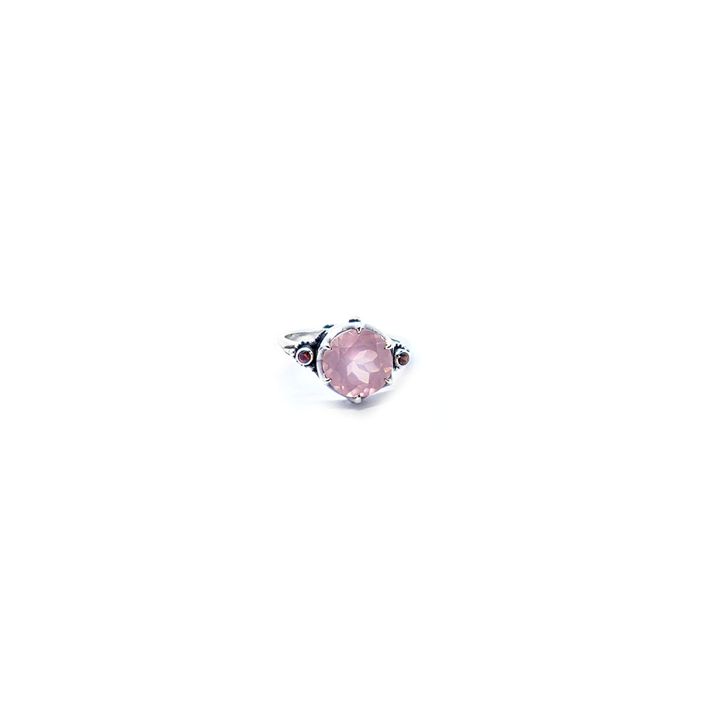 Rosequartz crown ring with garnet and ruby set in sterling silver S608
