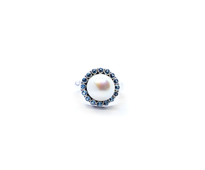 Pearl ring with aquamarines set in sterling silver S693