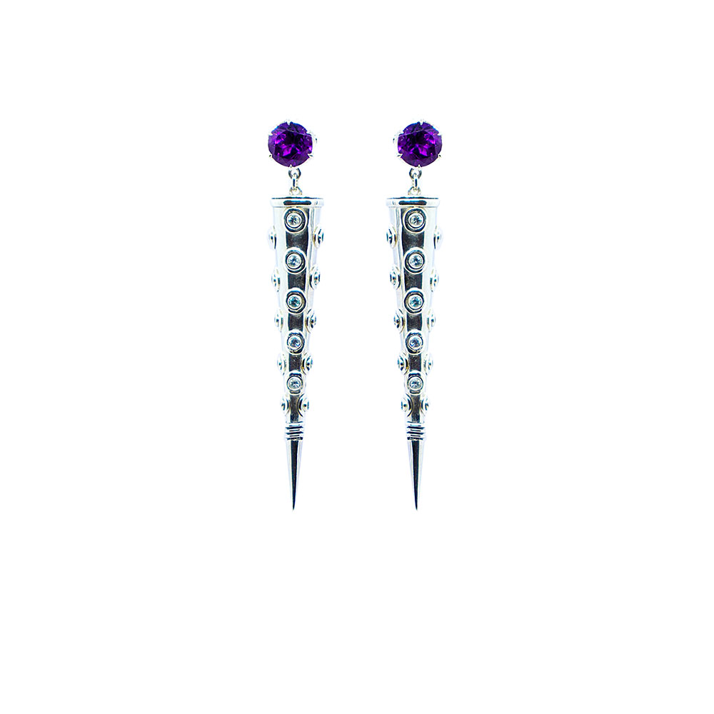 Amethyst cone earring with aquamarine set in sterling silver S732