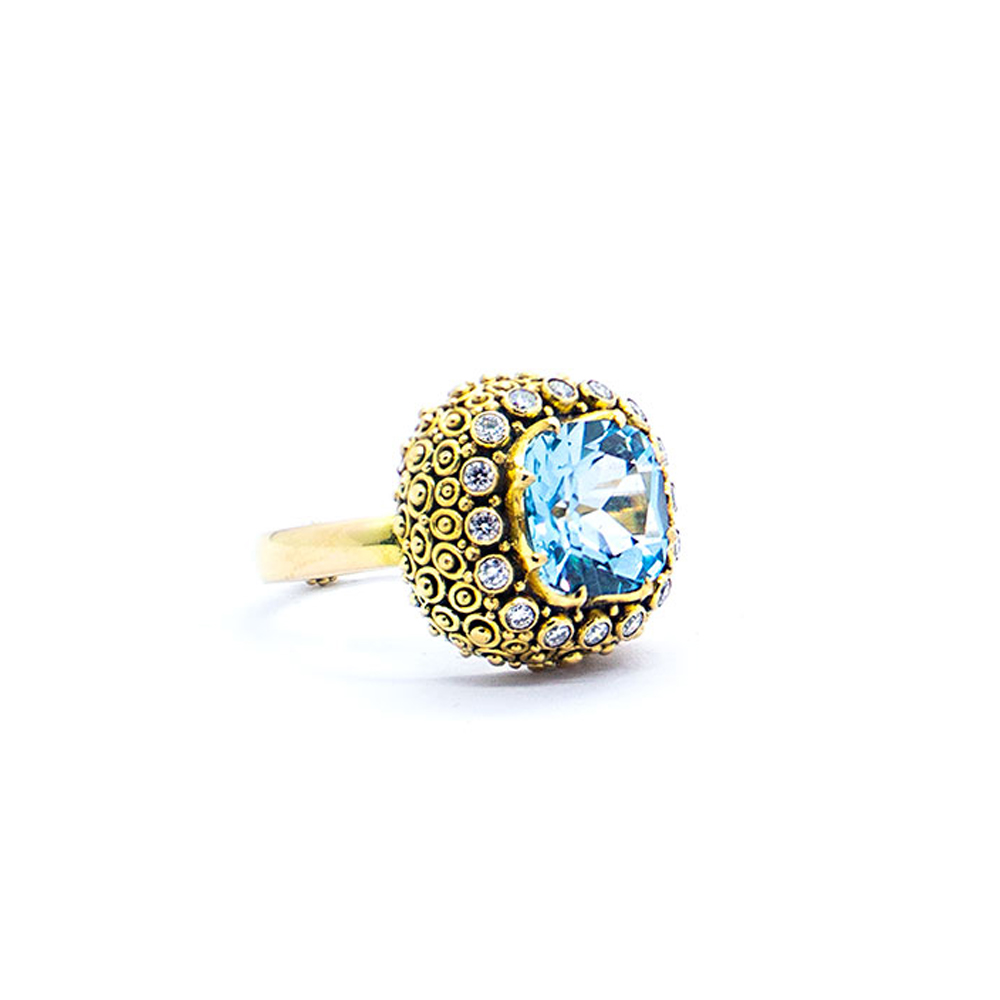 Blue topaz mystic ring with diamond and aquamarine set in 22ct gold S629