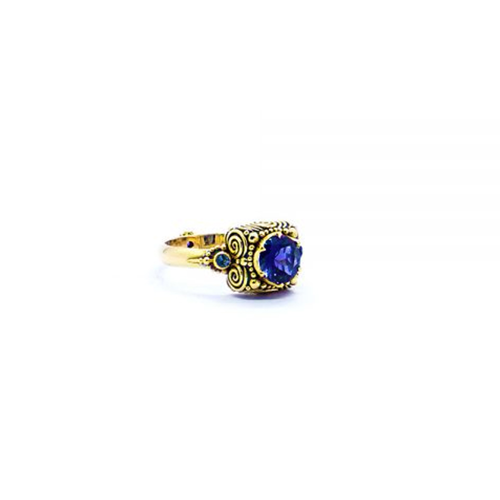 Iolite dawn ring with aquamarine and amethyst set in 22ct gold SU100
