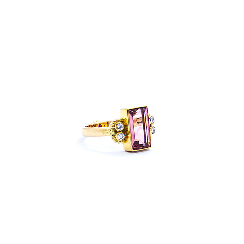 Pink tourmaline treasure ring with diamond and ruby DHB210
