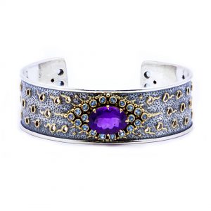 Amethyst and aquamarine bangle, sterling silver with 22ct gold-D186