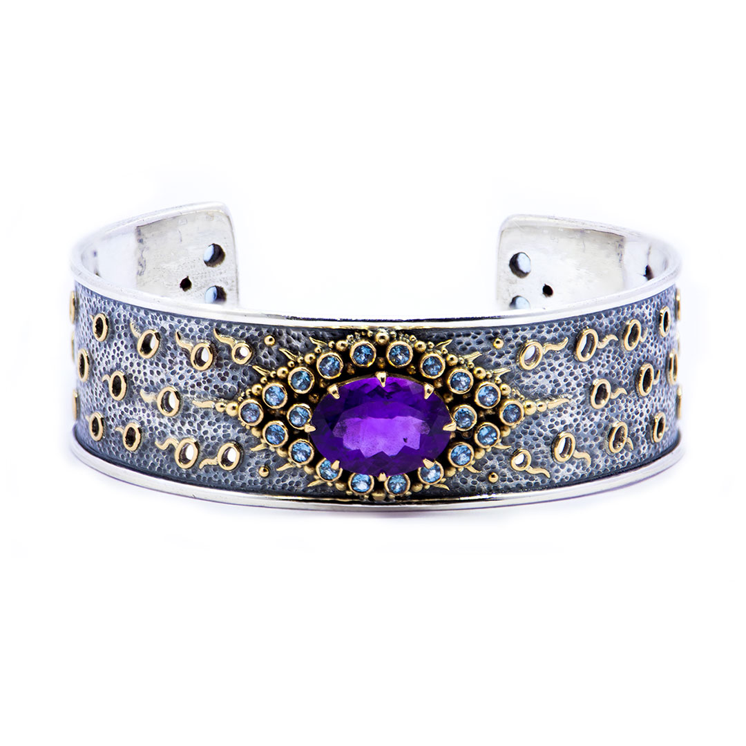 Amethyst and aquamarine bangle, sterling silver with 22ct gold-D186