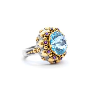 blue Topaz Boudoir Ring with Amethysts- BN149