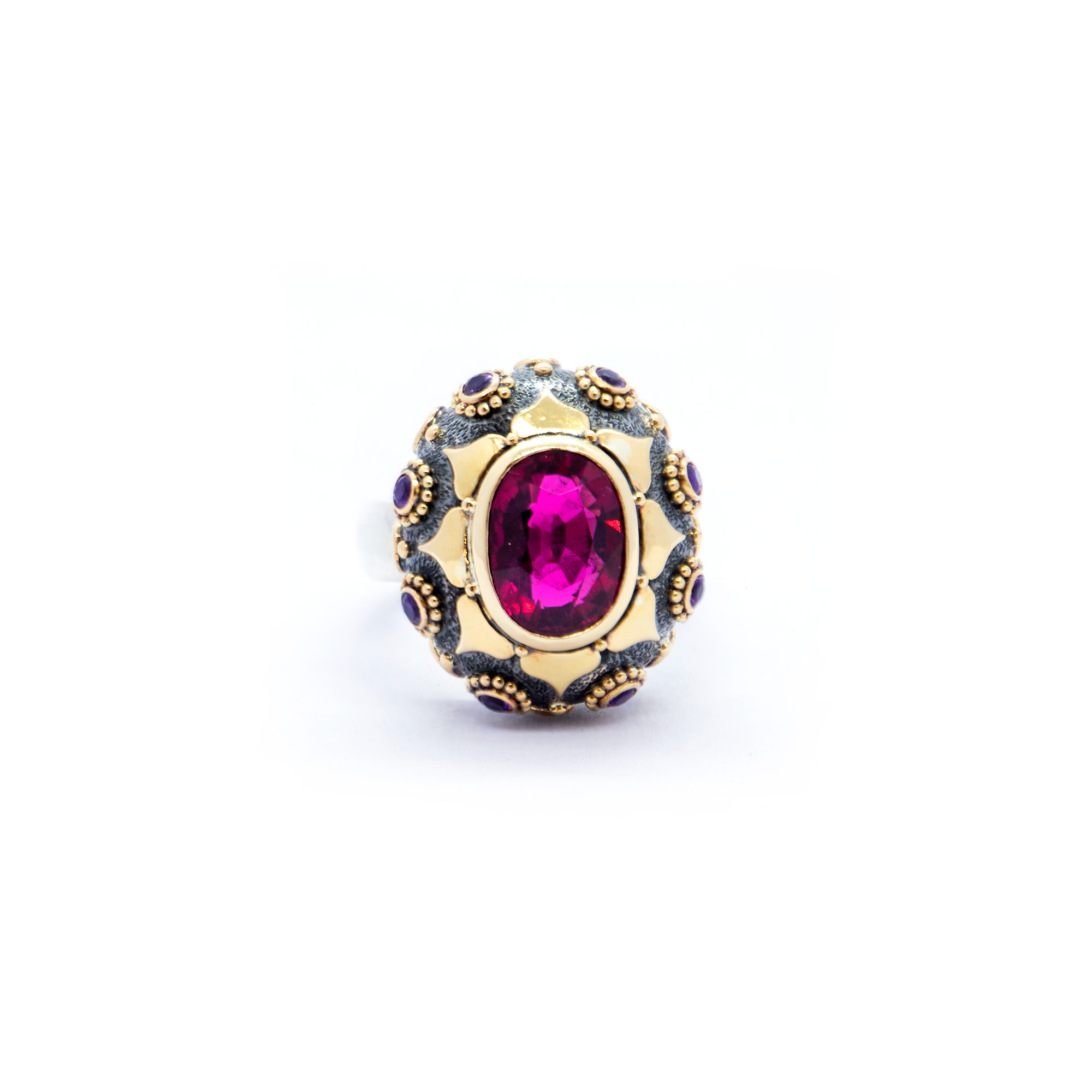 Pink Rubellite Tourmaline and Amethyst Lotus ring -SB45